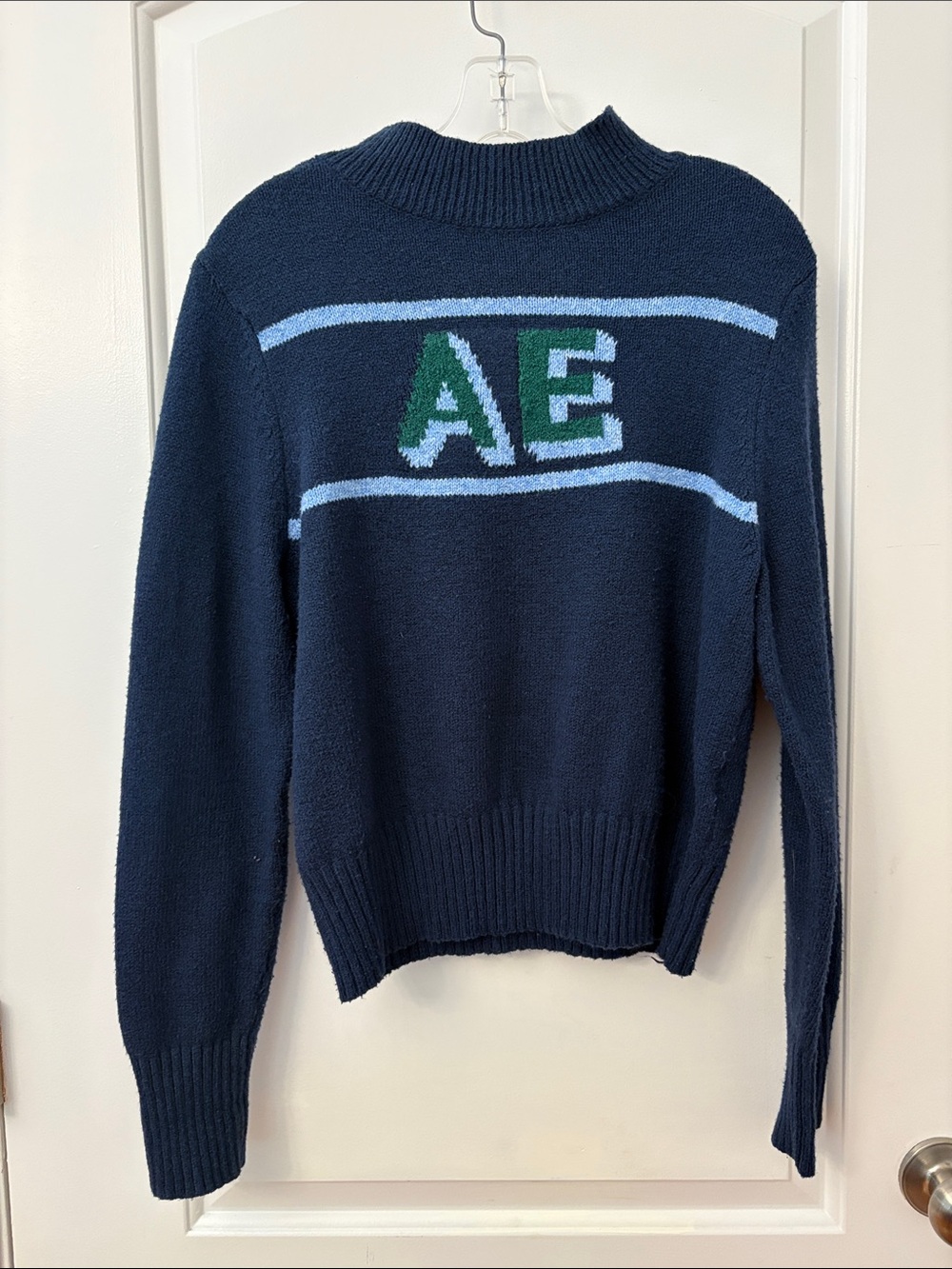 AE Vintage Navy Knit Sweater with Light Blue Stripes